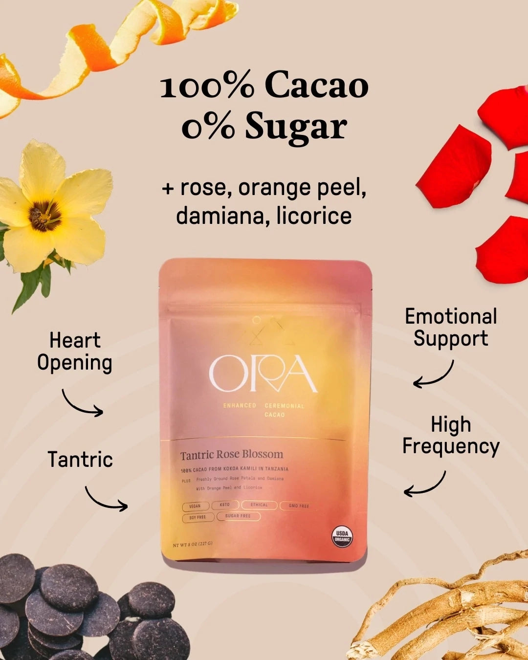 Tantric Rose Blossom Infused Cacao, Organic
