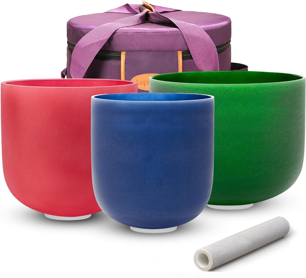3 PCS Colored Frosted Chakra Quartz Crystal Singing Bowls (Compact Size)