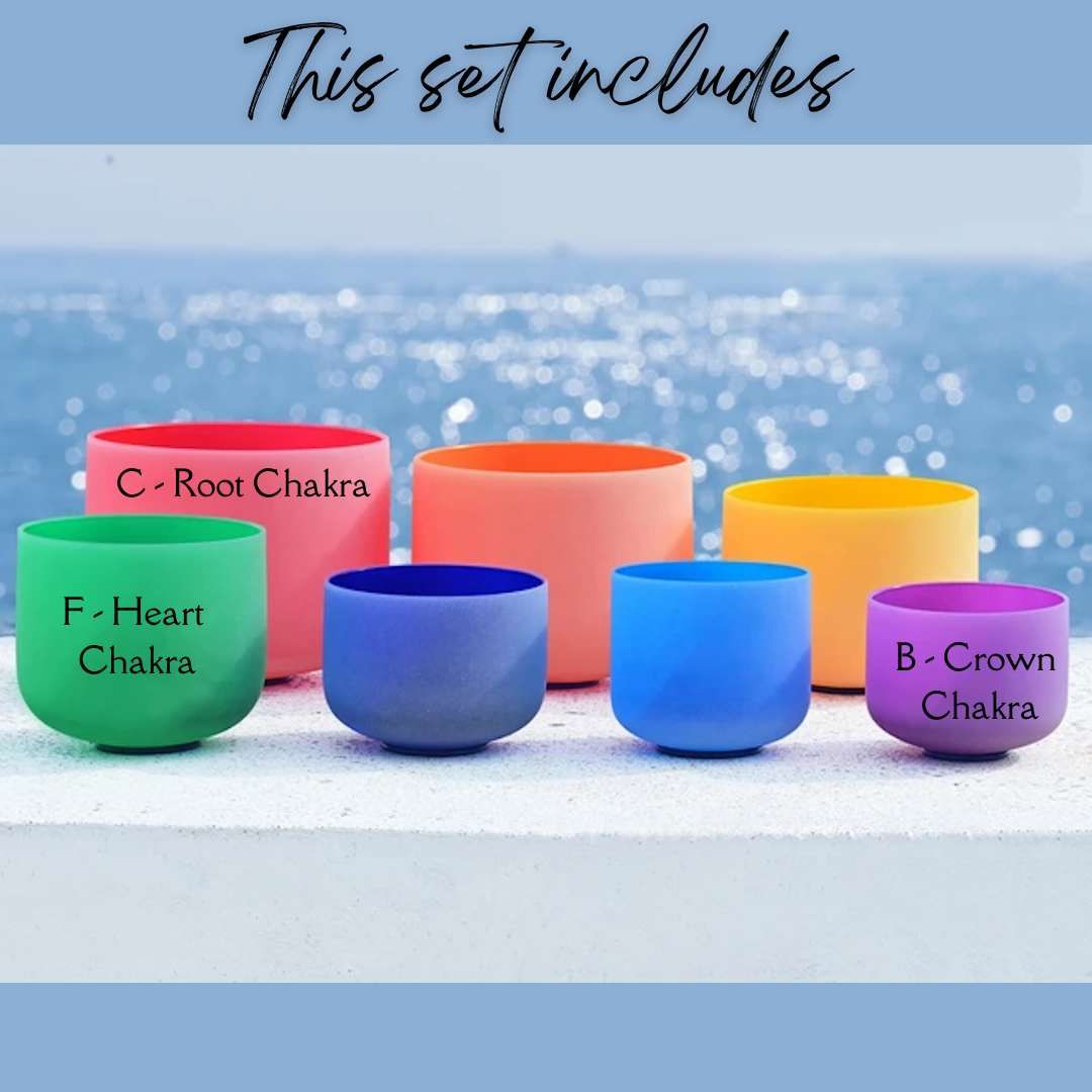 3 PCS Colored Frosted Chakra Quartz Crystal Singing Bowls (Full Size)