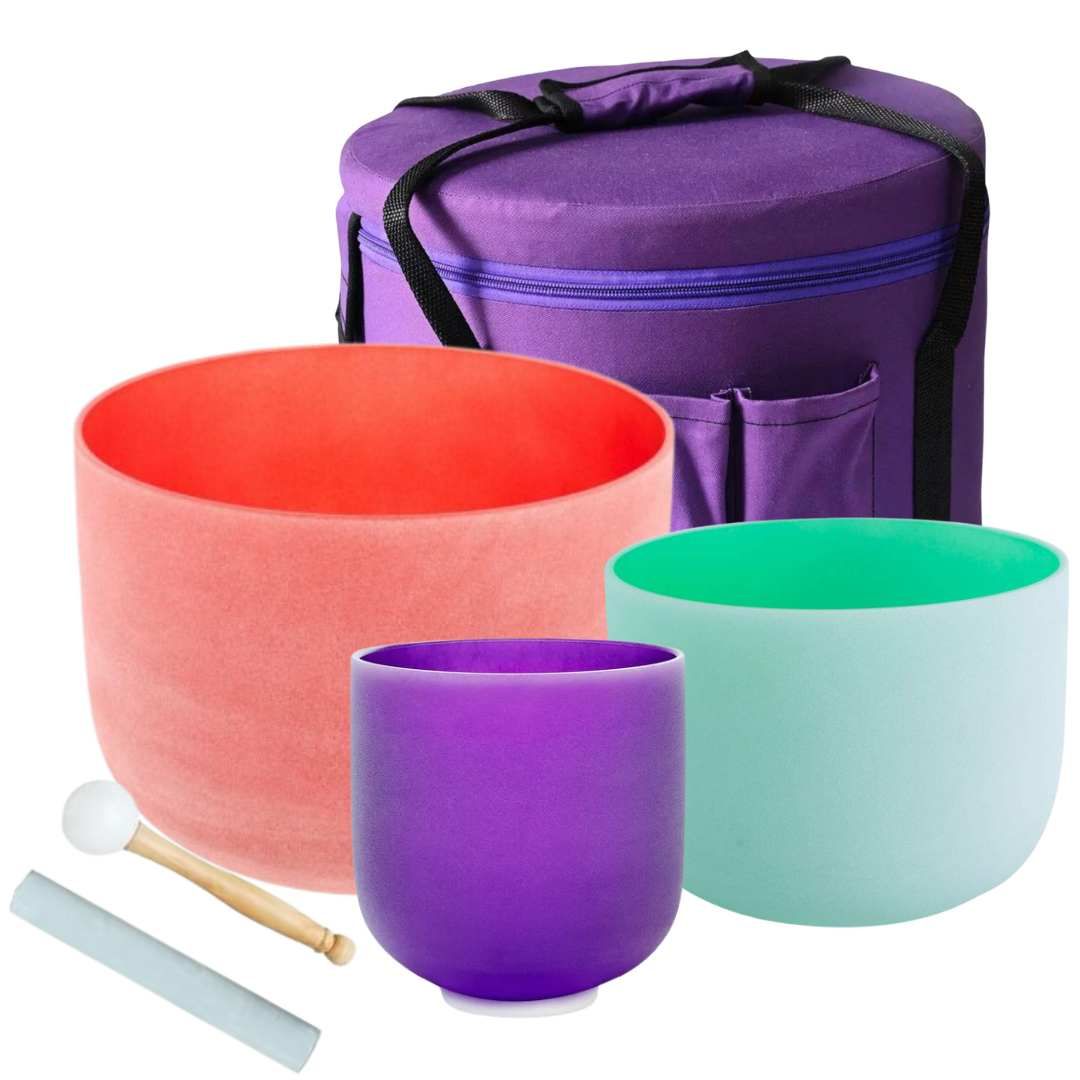 3 PCS Colored Frosted Chakra Quartz Crystal Singing Bowls (Full Size)