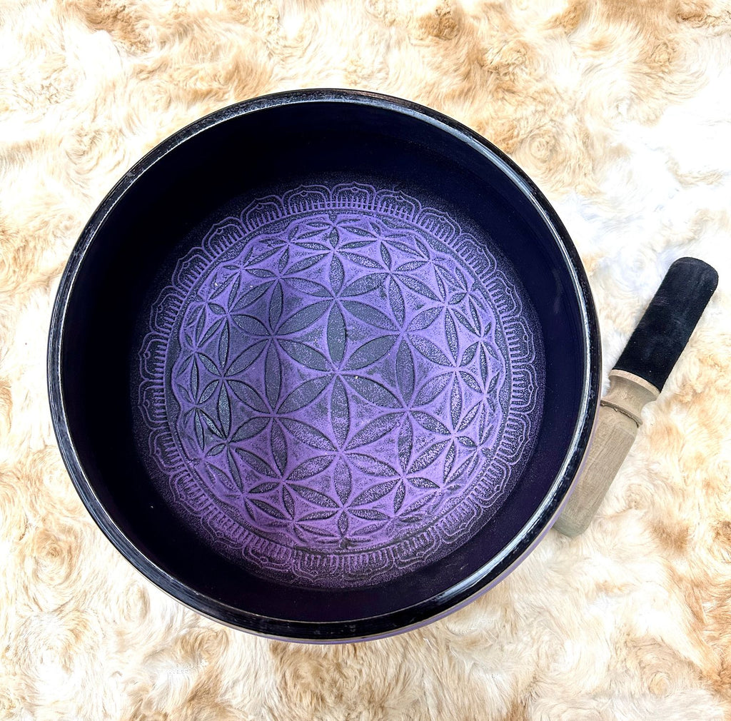 9.5" Tibetan Singing Bowl Round Sided, Flower of Life, Purple