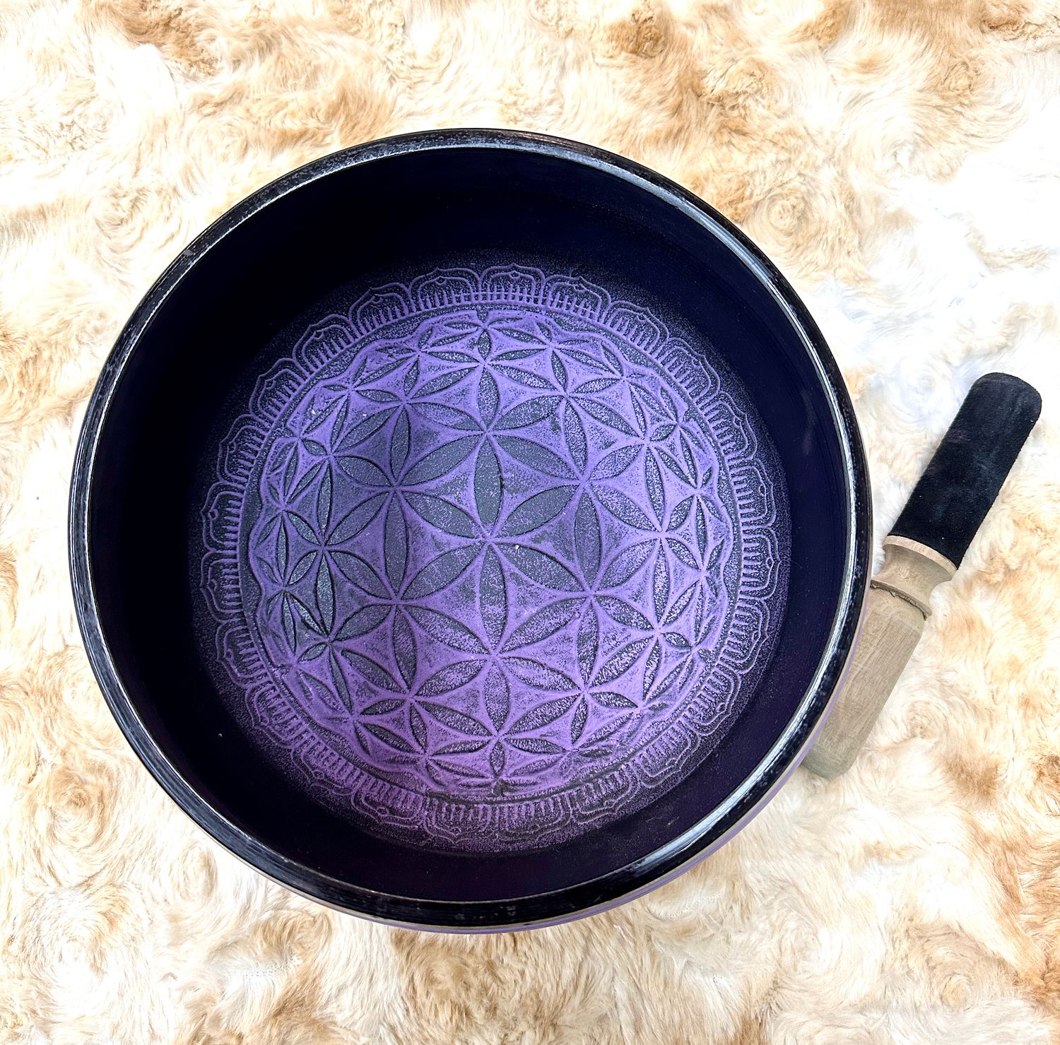 9.5" Tibetan Singing Bowl Round Sided, Flower of Life, Purple