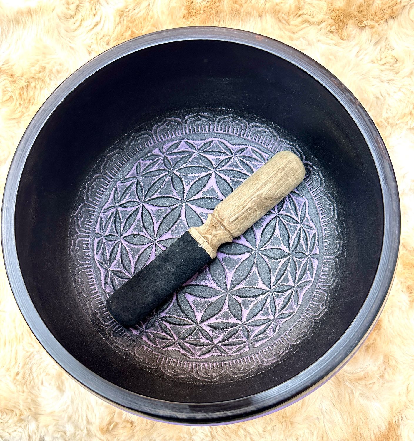 9.5" Tibetan Singing Bowl Round Sided, Flower of Life, Purple