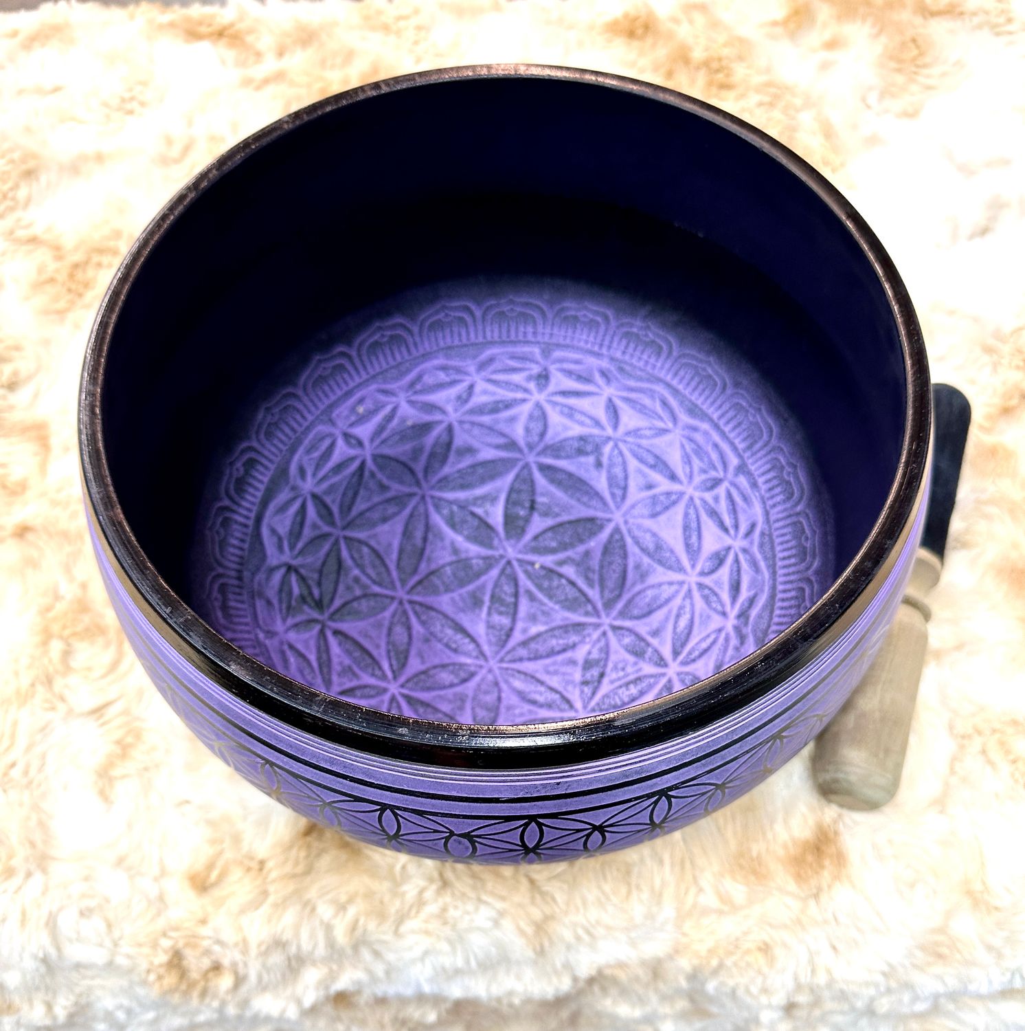 9.5" Tibetan Singing Bowl Round Sided, Flower of Life, Purple