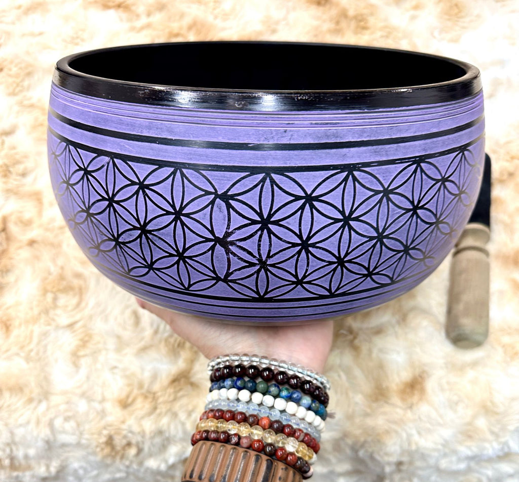 9.5" Tibetan Singing Bowl Round Sided, Flower of Life, Purple