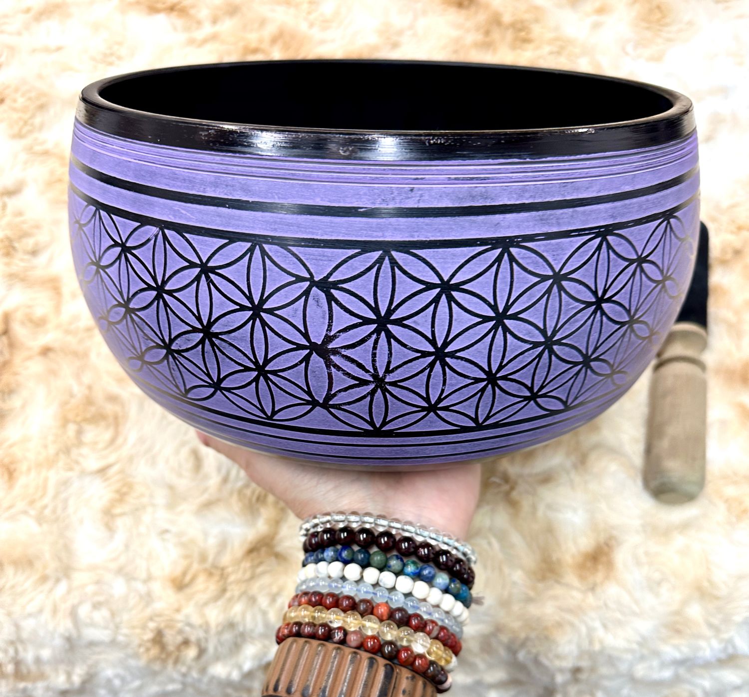 9.5" Tibetan Singing Bowl Round Sided, Flower of Life, Purple