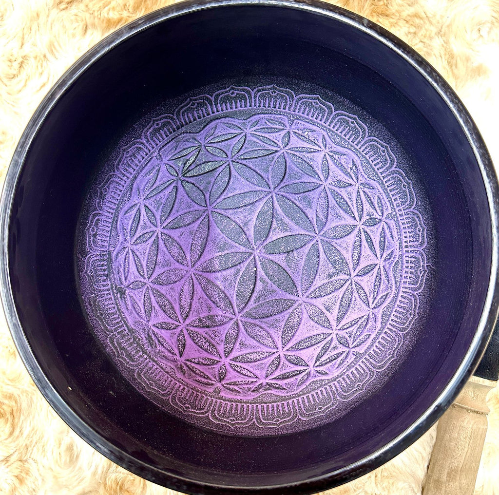 9.5" Tibetan Singing Bowl Round Sided, Flower of Life, Purple