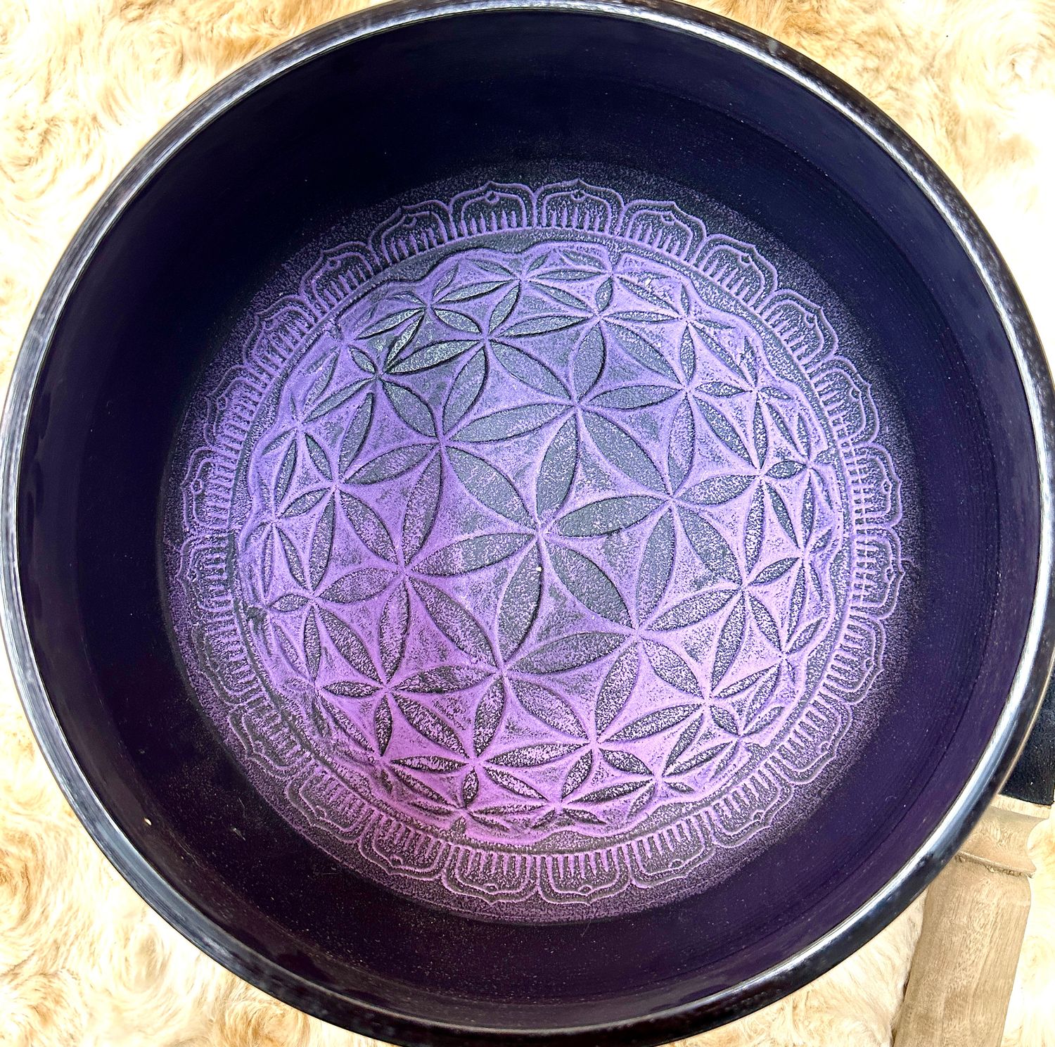 9.5" Tibetan Singing Bowl Round Sided, Flower of Life, Purple