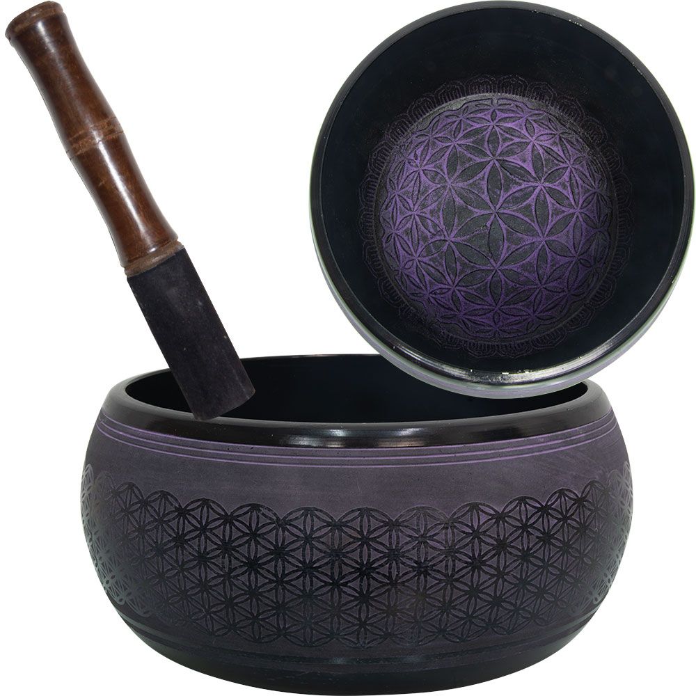 9.5" Tibetan Singing Bowl Round Sided, Flower of Life, Purple
