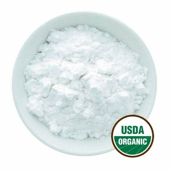 White arrowroot powder in a bowl with USDA Organic label on a white background.