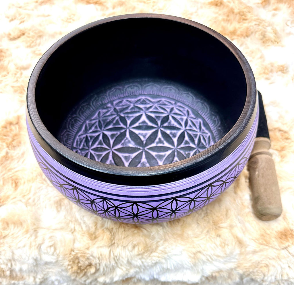 8" Tibetan Singing Bowl Round Sided, Flower of Life, Purple