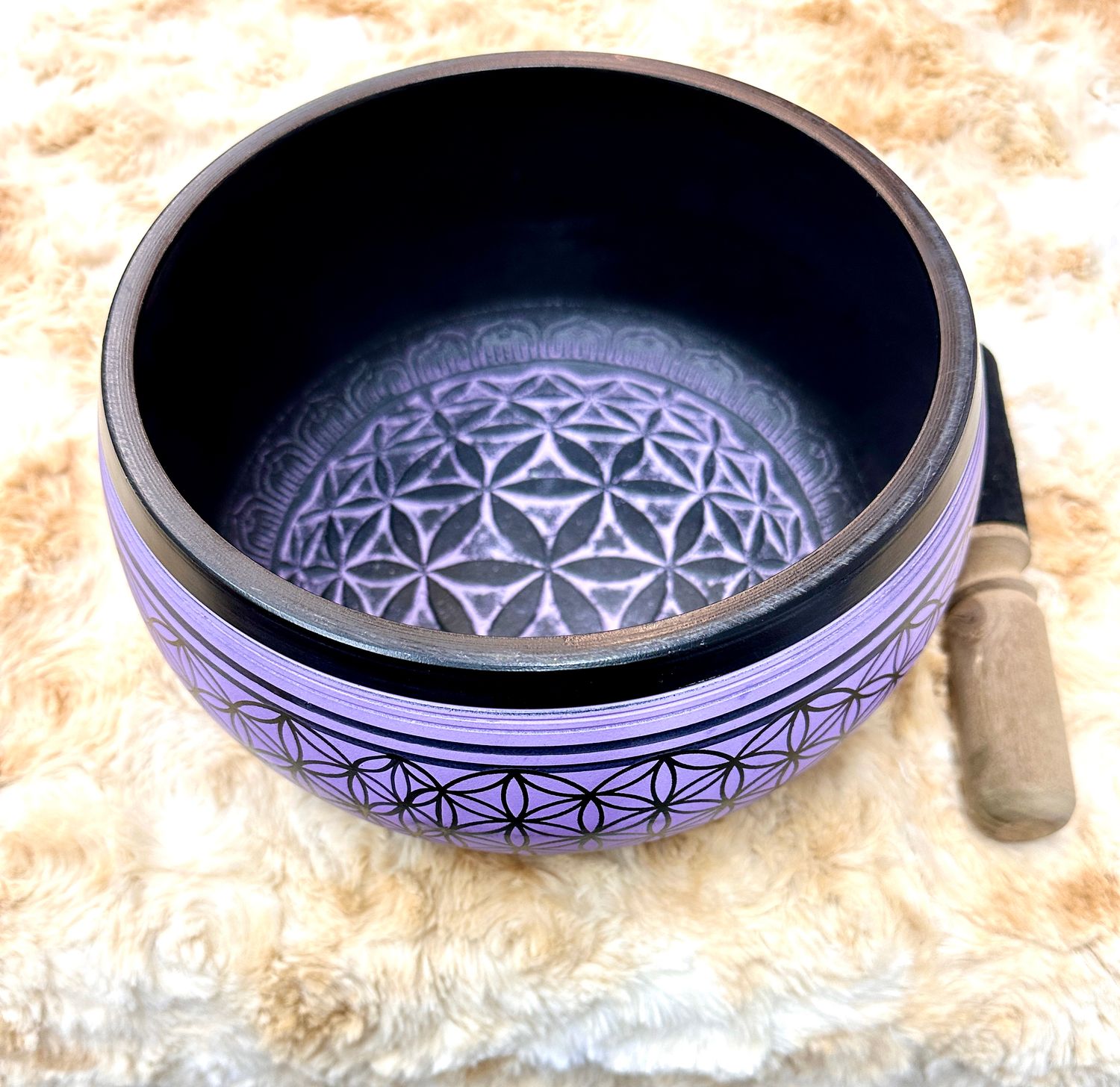 8" Tibetan Singing Bowl Round Sided, Flower of Life, Purple
