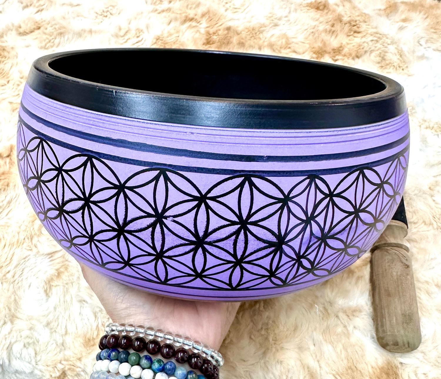 8" Tibetan Singing Bowl Round Sided, Flower of Life, Purple
