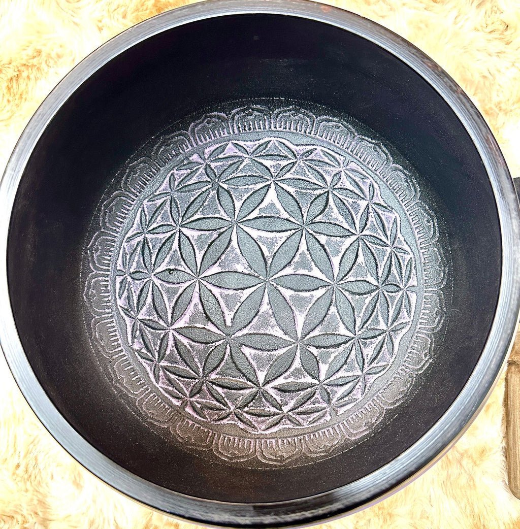 8" Tibetan Singing Bowl Round Sided, Flower of Life, Purple