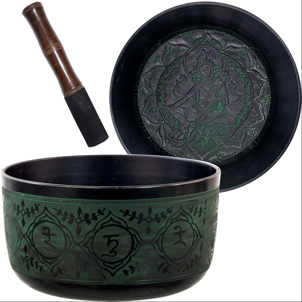 7.5" Tibetan Singing Bowl Round Sided, Green Tara