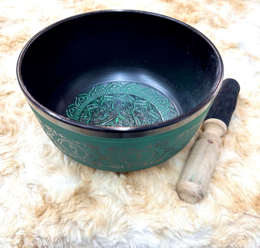 7.5" Tibetan Singing Bowl Round Sided, Green Tara