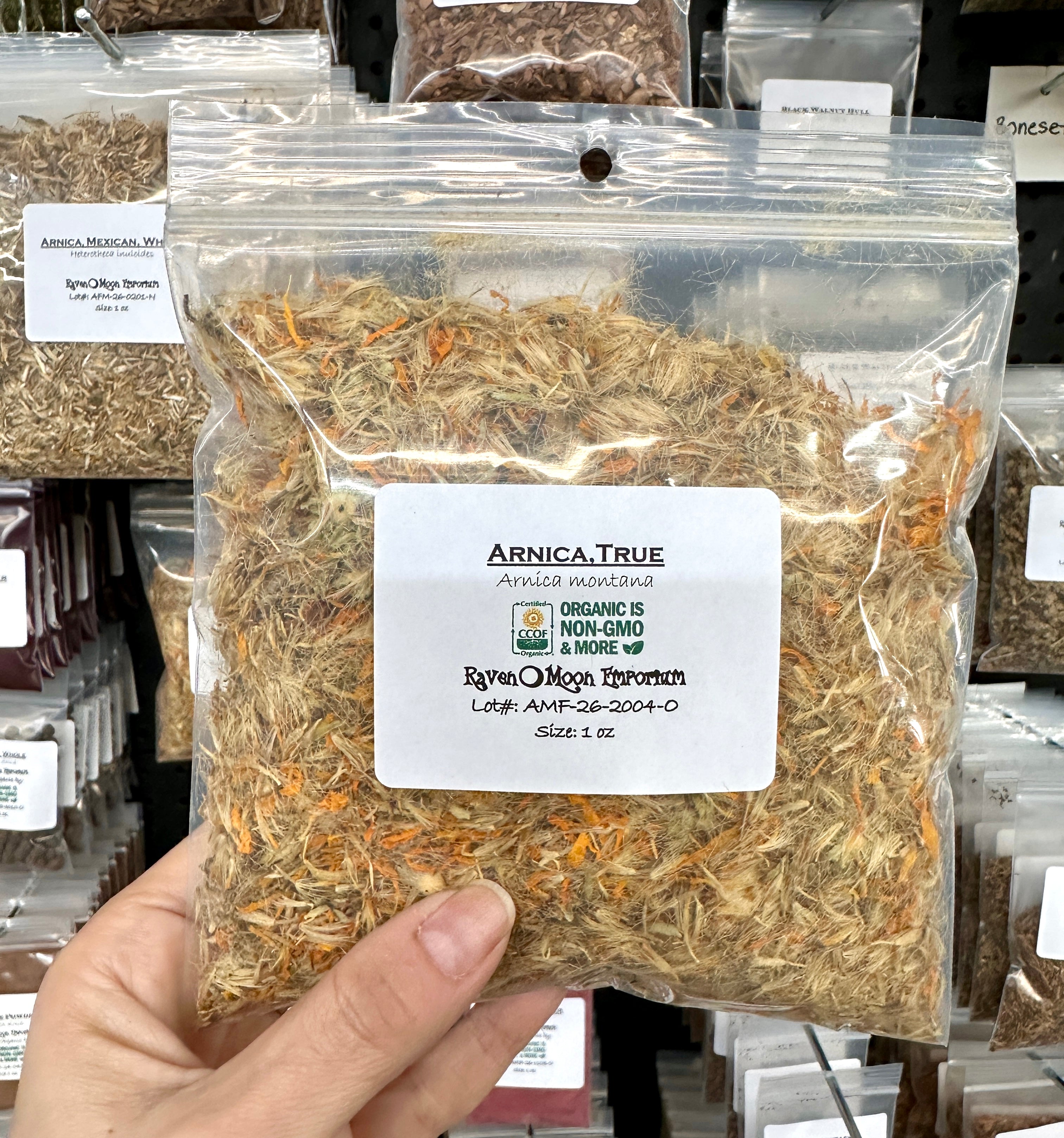 A hand holds a clear plastic zip bag filled with dried Arnica montana flowers. The bag is labeled with the Raven Moon Emporium logo.