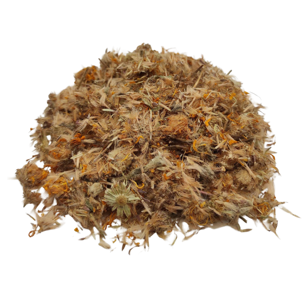 A pile of dried Mexican Arnica flowers, showcasing a mix of orange, yellow, and brown hues. The petals and stems are visible, creating a textured appearance. The image is set against a plain white background.