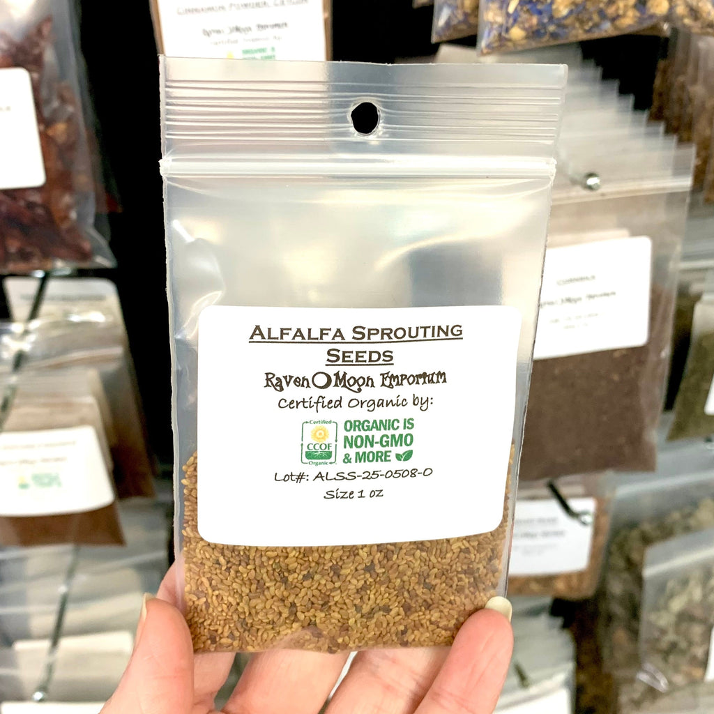 Hand holding a clear zip bag of alfalfa sprouting seeds with a background of similar packages. The bag is labeled with the Raven Moon Emporium logo.