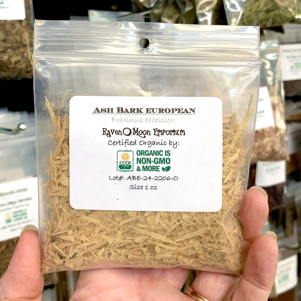 A hand holds a clear plastic zip bag of European Ash Bark pieces. The bag is labeled with the Raven Moon Emporium logo.