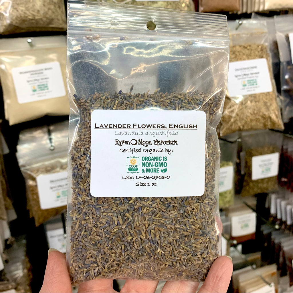 Hand holding a clear plastic zip bag of dried English lavender flower buds. The bag is labeled with the Raven Moon Emporium logo.