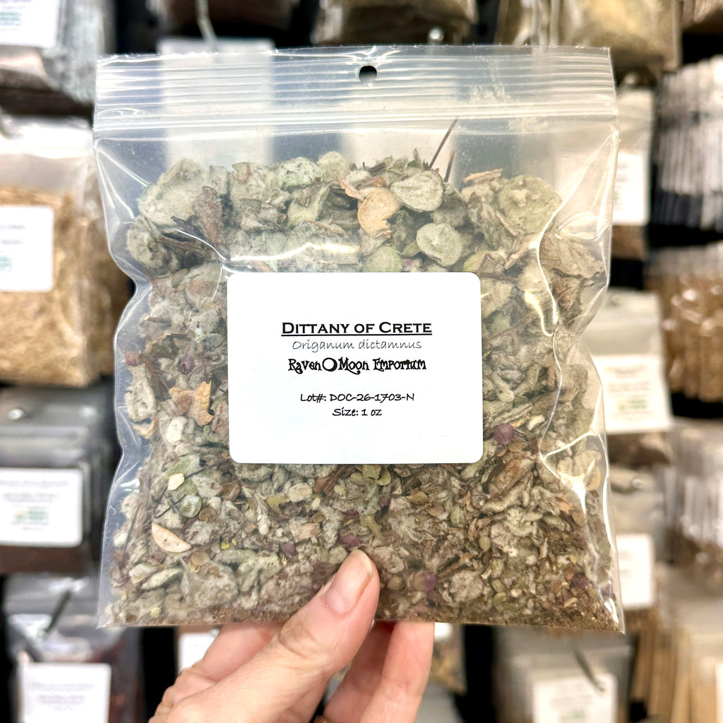 Bag of dried herbs labeled 'Dittany of Crete' held by a hand with a blurred background.